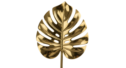 A golden monstera leaf stands tall, its intricate cutouts casting shadows on its glossy surface isolated on transparent background png