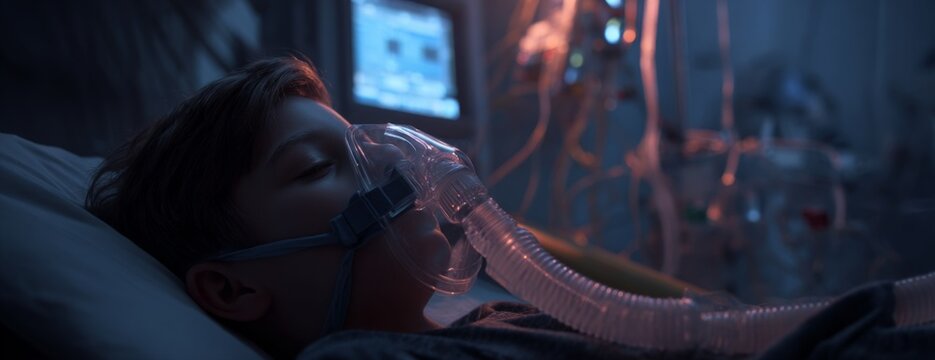 Child boy wearing an oxygen mask while resting in hospital bed