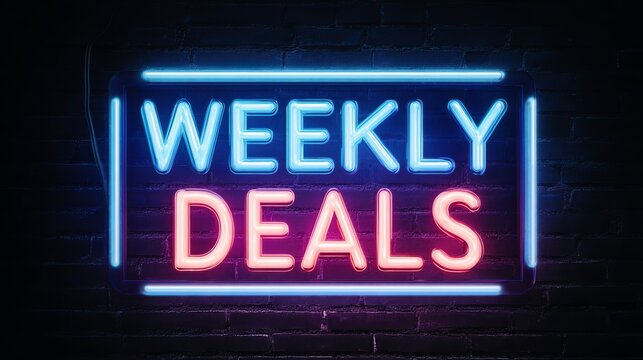 Attract customers with a vibrant neon sign showcasing exciting weekly deals, perfect for retail promotions and sales events.