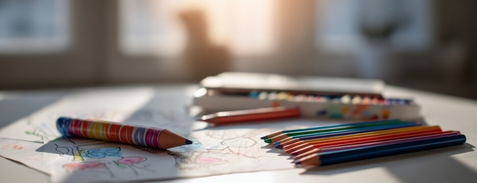 Colorful pencils on table next to drawings in natural light