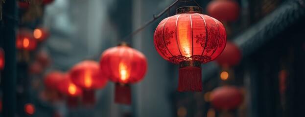 Red Chinese lanterns glowing in narrow street during evening  