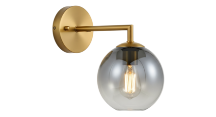 Modern gold wall lamp with a gray glass shade isolated on transparent background, adding a touch of elegance to any room with its sleek design png