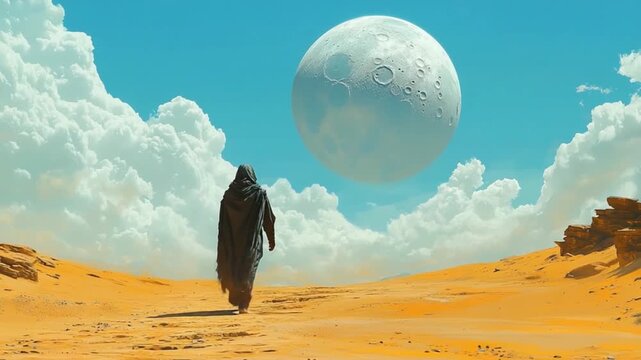 A solitary figure strolls across a desolate, sun-drenched desert landscape beneath a large celestial body, evoking a sense of vastness and mystery.