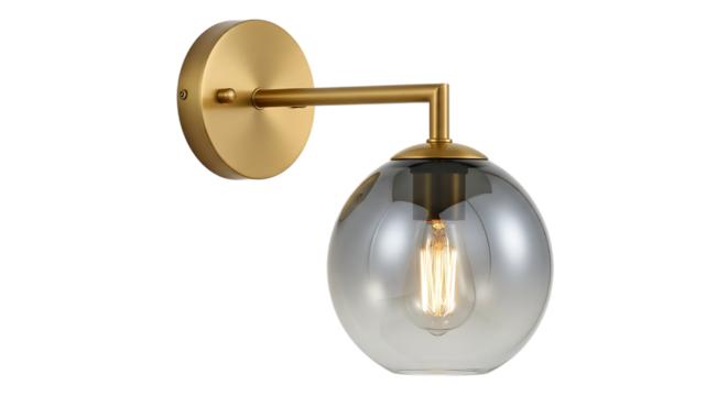 Modern gold wall lamp with a gray glass shade isolated on transparent background, adding a touch of elegance to any room with its sleek design png