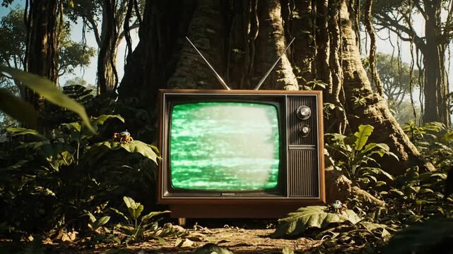 A retro television with a bright green chroma screen sits under the shade of african jungle trees surrounded by lush foliage warm sunlight pierces through the canopy creating a balanced blend of vinta