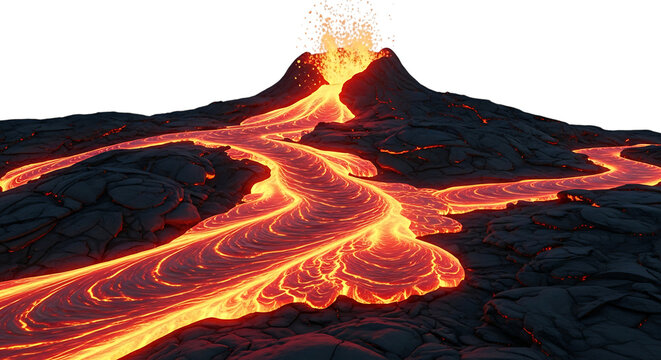 Dramatic eruption of a volcano with flowing lava, showcasing natures raw power and geological processes, isolated on transparent background png