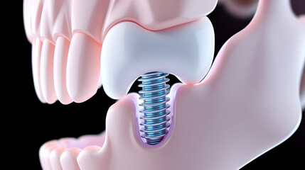 Close-up 3d illustration of a dental implant in the human jawbone