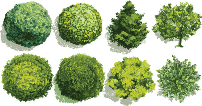 Set of vector green tree top views, landscape design elements, isolated on a transparent background. vector illustration