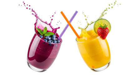 Two glasses of colorful smoothies with splashes, garnished with fresh fruit and straws, isolated on transparent background refreshing and healthy png