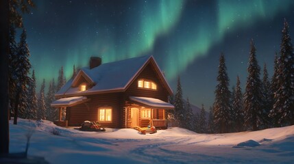 Cozy wooden cabin illuminated at night under the northern lights, surrounded by snow-covered trees, creating a serene winter atmosphere with vibrant colors and magical ambiance