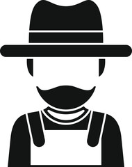Black and white icon representing a farmer wearing overalls and a hat, symbolizing agriculture, farming, and rural life