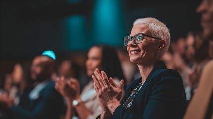 Engaged audience member with short white hair and glasses, smiling and applauding during a presentation, showcasing enthusiasm and appreciation in a vibrant atmosphere
