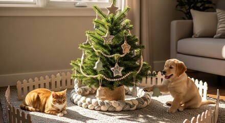 Festive Feline and Canine Companions Celebrate Christmas Together.