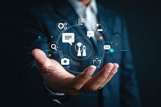 Professional businessman offers modern digital solutions for business success online now