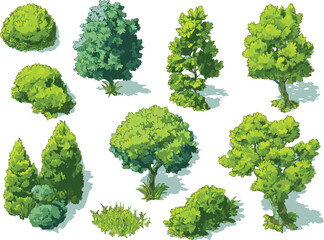 Set of flat vector top-view green bushes, trees, and grass for landscape design plans elements, isolated on a transparent background