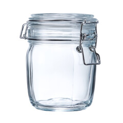 An empty, clear glass jar with a hinged lid and metal clasp, perfect for kitchen storage, preserves, or decorative purposes. background removed