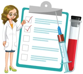 Fototapete Rund Kinder Female Scientist with Checklist, Syringe, and Blood Sample  © GraphicsRF