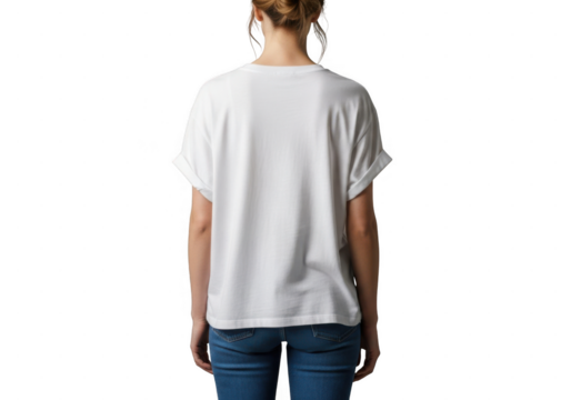 Woman in casual white shirt and jeans standing, viewed from back isolated on transparent background
