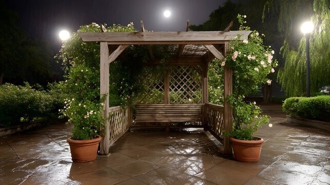 A wooden garden pergola draped with roses is illuminated by moonlight and soft lights on a wet paved patio at night - Powered by Adobe
