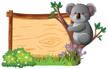 Fototapete Rund Kinder Cute Koala Sitting on Tree Beside Wooden Signboard  © GraphicsRF
