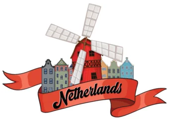Fototapete Rund Kinder Traditional Dutch Windmill with Colorful Canal Houses Illustration  © GraphicsRF