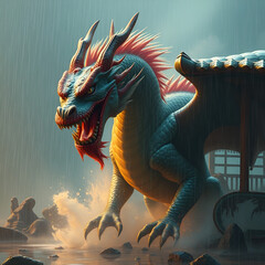 Dragon roaring in rain.