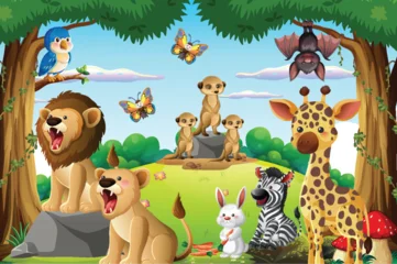 Fototapete Rund Kinder Cartoon Jungle Animals Gathering in Lush Forest Clearing  © GraphicsRF