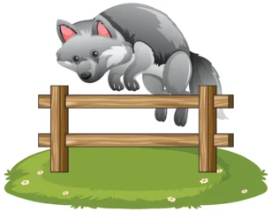 Fototapete Rund Kinder Gray Wolf Jumping Over Wooden Fence on Grass  © GraphicsRF