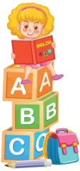 Fototapete Rund Kinder Young Girl Reading English Book on Alphabet Blocks  © GraphicsRF