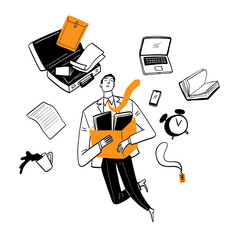 Hand drawn clumsy businessman falling with office supplies, doodle vector illustration of work overload and stress concept.