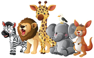Naklejka premium Cartoon Safari Animals Grouped Together on White Background
