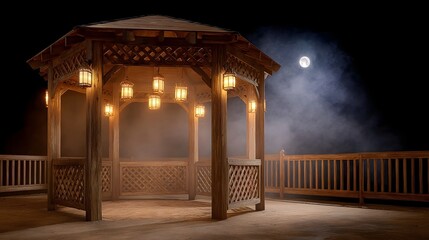 A beautifully lit wooden gazebo at night adorned with hanging lanterns shrouded in mist under the soft glow of the full moon