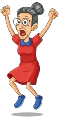 Fototapete Rund Kinder Excited Elderly Woman Jumping with Raised Arms in Red Dress  © GraphicsRF