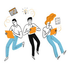 Group of hand drawn office workers running with documents, doodle vector illustration of rush hour and deadline concept.