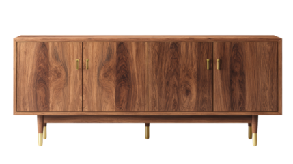 A sleek, modern walnut wood credenza with four doors, featuring elegant brass handles and tapered legs, isolated on a transparent background. Perfect for stylish storage. background removed