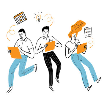 Group of hand drawn office workers running with documents, doodle vector illustration of rush hour and deadline concept.