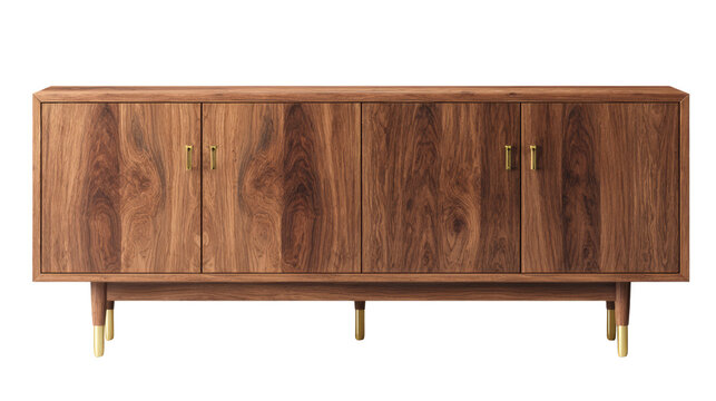 A sleek, modern walnut wood credenza with four doors, featuring elegant brass handles and tapered legs, isolated on a transparent background. Perfect for stylish storage. background removed