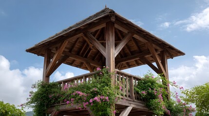 A rustic wooden pavilion draped in vibrant pink flowers stands against a clear blue sky