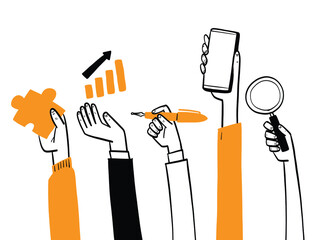 Set of hand drawn business hands holding office tools, smartphone, and charts, doodle vector illustration for teamwork and management concept.