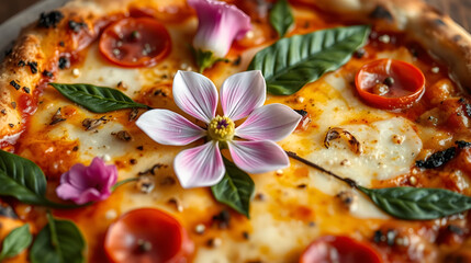 Flower embellished pizza close-up image