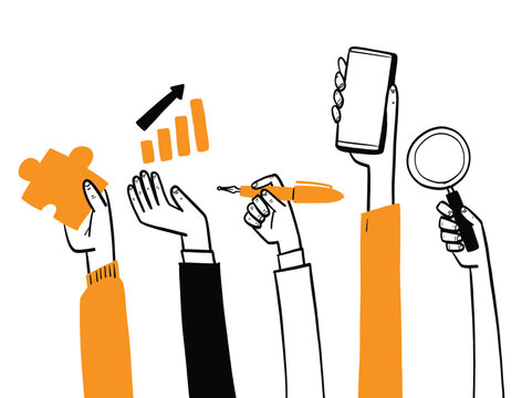 Set of hand drawn business hands holding office tools, smartphone, and charts, doodle vector illustration for teamwork and management concept.