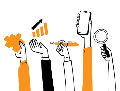 Set of hand drawn business hands holding office tools, smartphone, and charts, doodle vector illustration for teamwork and management concept.