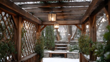 Wooden pergola with hanging lanterns dusted in snow creates a tranquil winter garden scene
