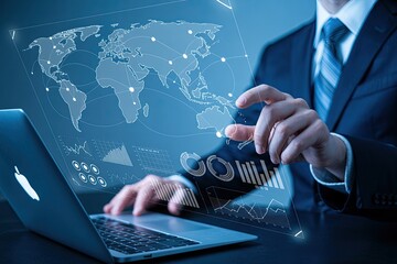 Global business analysis with modern technology interface and world map data insights