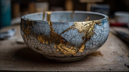 Fototapeta premium Examining Kintsugi Pottery Bowl with Gold Repair Detailing and Texture