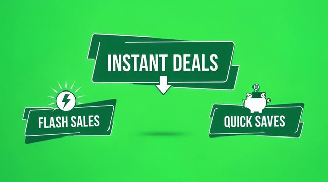 Green background with three banners promoting instant deals, flash sales, and quick saves for shopping discounts.