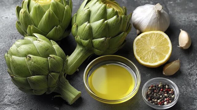 Artichokes garlic lemon oil and peppercorns are displayed on a dark surface