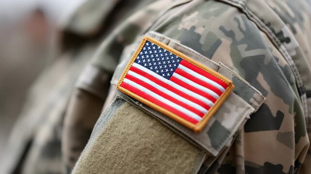 Observing the intricate design of a U S military uniform, this clip highlights the American flag patch on the sleeve, symbolizing pride and commitment. The terrain suggests a military setting