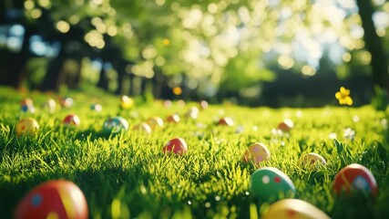 Grassy field with colorful Easter eggs