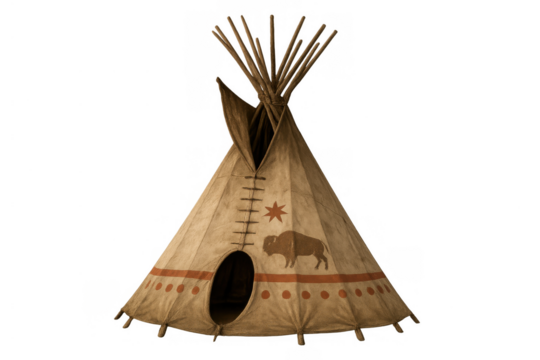 Tipi dwelling with buffalo and star symbols for indigenous culture, traditional housing on transparent background